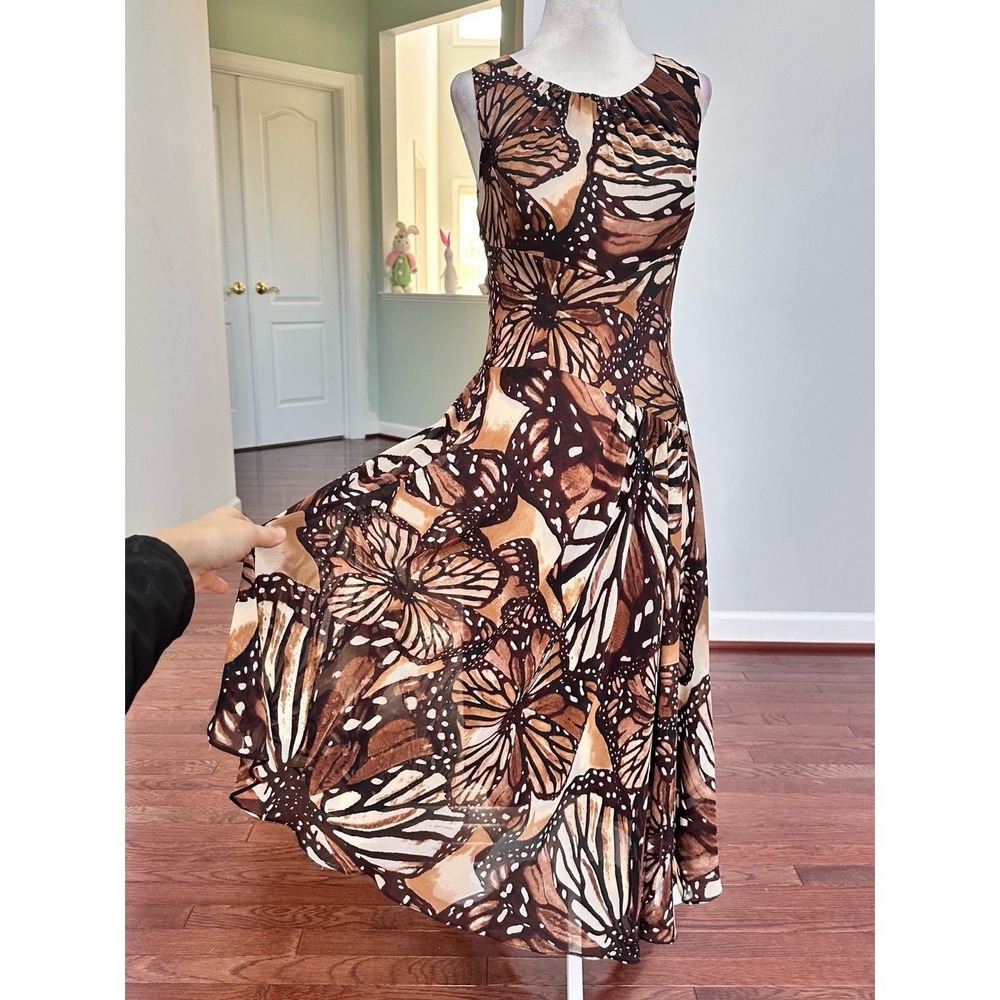 Vintage 2000s Evan Picone Brown Earth Tones Butterfly Asymmetrical Summer Dress - Picture 10 of 12